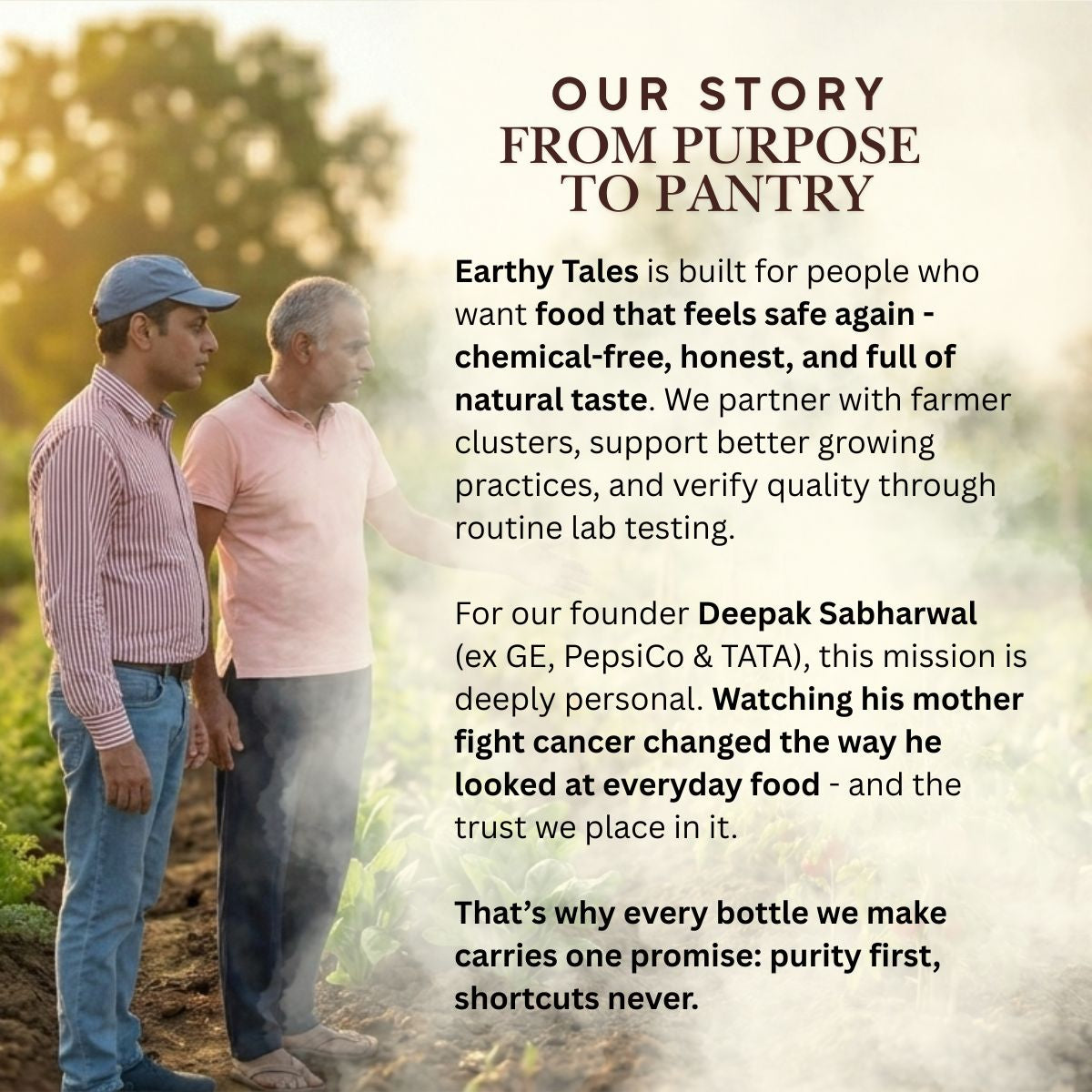 Two men standing outdoors with text about Earthy Tales' mission and values.