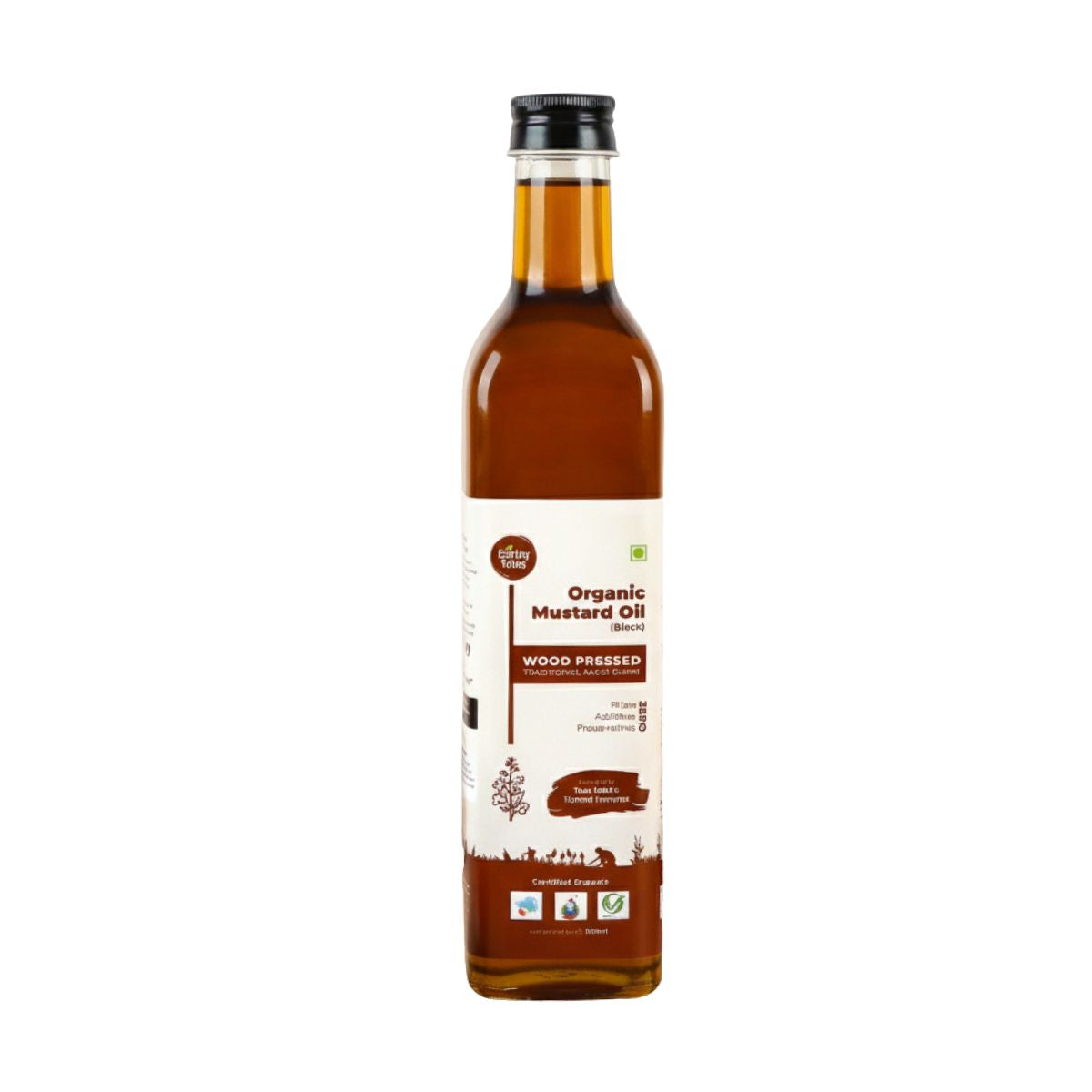 Bottle of Earthy Tales organic mustard oil with a white label on a white background
