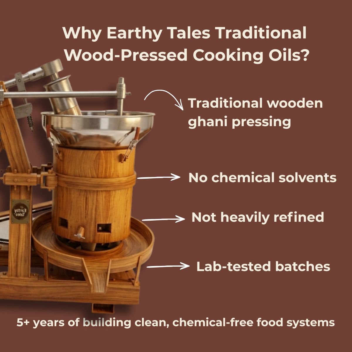 Wooden oil press with text explaining traditional wood-pressed cooking oils on a brown background