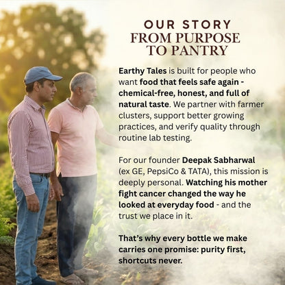 Two men standing outdoors with text about Earthy Tales' mission and values.